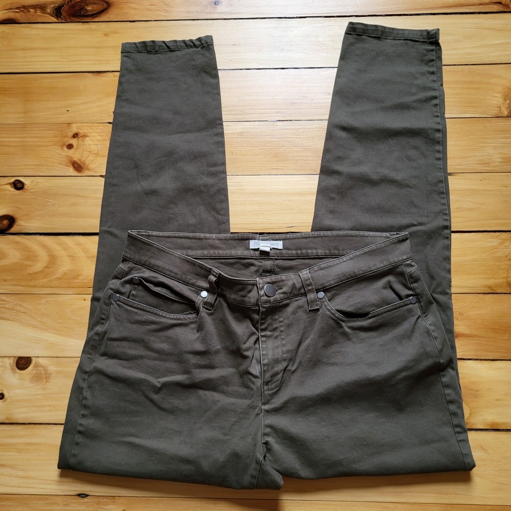 Eileen Fisher Chino Pants Womens 12P 30/27 Green Cotton Flat Front Slim Straight
